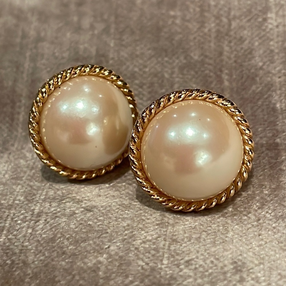 Gold Pearl Button Earrings